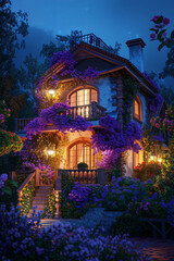 A classic house decorated with flowers, night