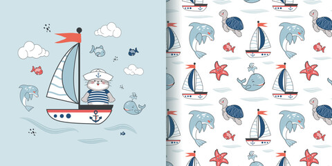 Children's seamless pattern with a funny sailor kitten and a boat. Vector design for baby bedding, fabric, wallpaper, wrapping paper and more. - obrazy, fototapety, plakaty