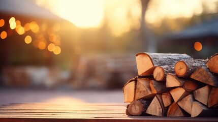 Stack of firewood on blurred background with copy space, winter pile natural wooden texture