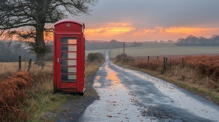 red british phone box on the village road