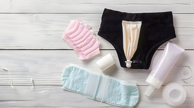 Different types of feminine menstrual hygiene materials products such as pads cloths tampons and cups with underpants. White wooden background
