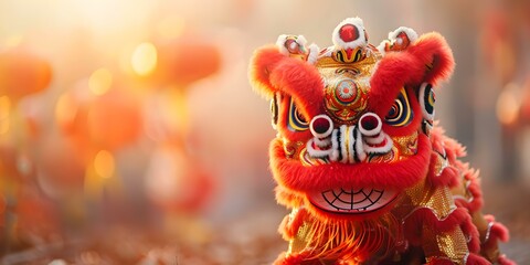Traditional lion dancers bring luck and joy to the festive parade. Concept Lunar New Year, Lion...