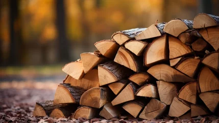 Foto op Plexiglas Stack of firewood on blurred background with copy space, woodpile for winter, firewood preparation © chelmicky