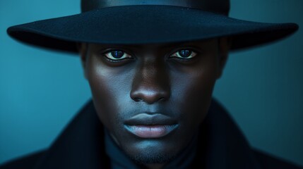 handsome african american male in all black suit and a black hat - obrazy, fototapety, plakaty