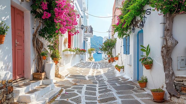 Fototapeta Greece, Cycladic architecture in a Greek island village. Paved alley, pink bougainvillea 