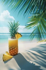 Tropical freshness pineapple juice, cocktail or mocktail on sunny sand beach under palm shadow. Cold summer popular beverage with ice for best vacation. Close up.
