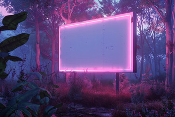 A blank neon light billboard in front of a forest