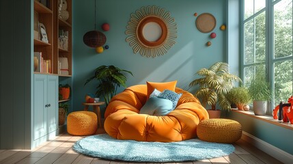 Walls in light beige and sky blue styles, playful colors, toys, space background, bright primary colors