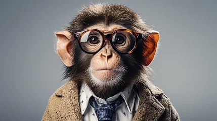 Zelfklevend Fotobehang a monkey wearing glasses and a suit © TONSTOCK