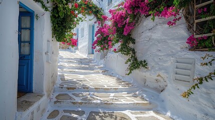 Greece, Cycladic architecture in a Greek island village. Cobblestone alley, pink bougainvillea	