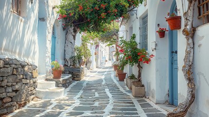 Greece, Cycladic architecture in a Greek island village. Paved alley, pink bougainvillea	