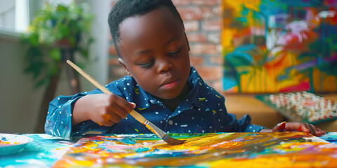 African American boy with Down syndrome painting at home. Learning Disability