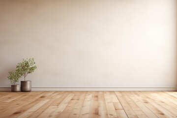 A mock up of a sienna minimalist wall background. Beige wall mockup with plant pots and wood flooring