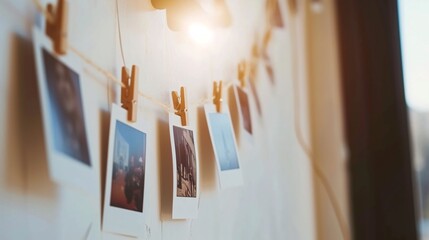 a group of polaroid pictures on a rope - obrazy, fototapety, plakaty