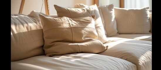 A modern beige couch is covered with a variety of decorative pillows in this interior setting. The cushions add color and texture to the minimalist sofa, creating a cozy and inviting space.