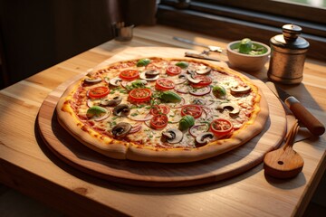 a pizza with tomatoes and mushrooms on a wooden board