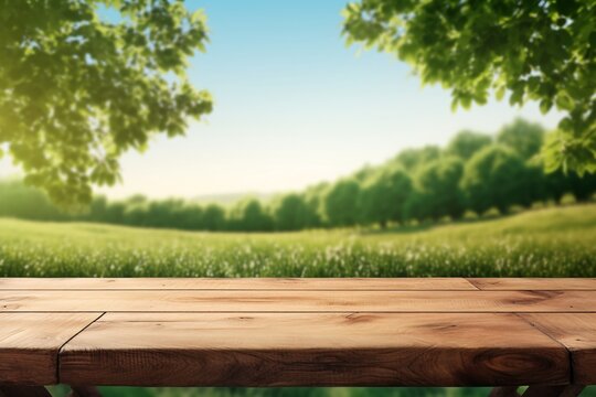 a wooden table with trees in the background