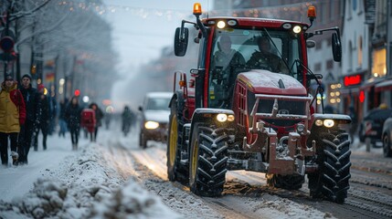 an agricultural tractor drives along a city street symbolizing the protest of farmers in Europe concept: agriculture, protests and rallies, peaceful protests - obrazy, fototapety, plakaty