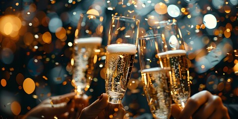 Friends joyfully ring in the New Year at a lively nightclub. Concept Nightclub Celebrations, New...