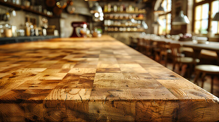 Wooden Table in Blurred Interior, Abstract Bokeh Light Design, Modern Restaurant or Cafe Ambiance