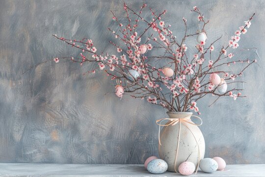 Easter tree with spring blossom flowers, pastel painted eggs in vase at home interior. Image with mock up and copy space. Greeting card.