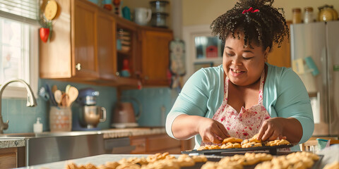 Fototapeta na wymiar African American woman with Down syndrome baking cookies in her kitchen. Learning Disability