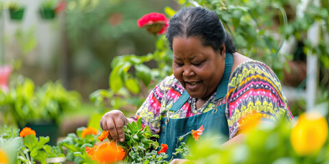 African American woman with Down syndrome gardening in her backyard. Learning Disability