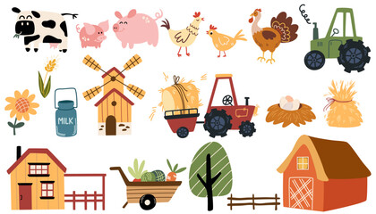 Farm elements set. Collection farm animals, Agricultural machinery, mill, pickup, barn, tractor. Agriculture and agricultural. Vector illustration. © PawLoveArt