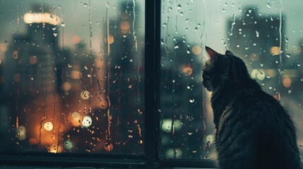Sad depressed cat looking at rainy window. Alone pet wait for his owner. Lonely sad kitty. Blur background. Bad weather concept. Animal sit at comfort home while pouring rain. - obrazy, fototapety, plakaty