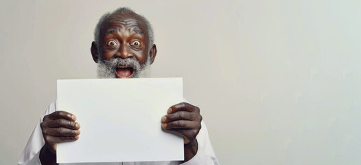 a dark-skinned elderly man holds a white paper in his hand. Isolated on gray background