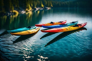 A row of colorful kayaks floating on a calm lake, ready for a day of adventure and exploration.