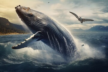 a whale jumping out of the water - obrazy, fototapety, plakaty