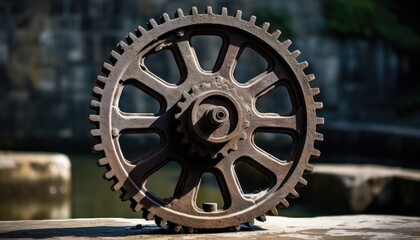 Obraz premium Old cast iron gear of the early 19th century on the dam