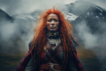 Mystic Heritage: The Enigmatic Presence of a Scottish Highland Priestess, Her Red Hair Reflecting the Fire of Ancient Celtic Rituals and Traditions. - obrazy, fototapety, plakaty