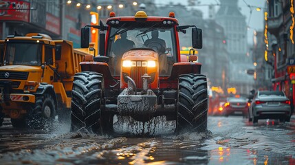 A tractor used in agriculture drives along a city street during a farmers' protest.
Concept: social movements, agricultural policy, civic activism, farmer protests - obrazy, fototapety, plakaty