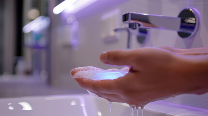 Closeup of a sensor on the back of a hand tracking hand hygiene and sending reminders for washing hands regularly.