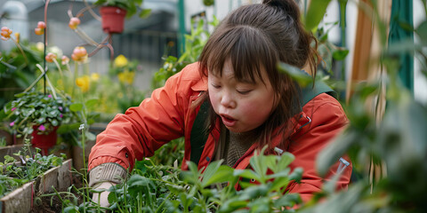Woman with Down syndrome participating in a community gardening project with vertical gardens. Learning Disability