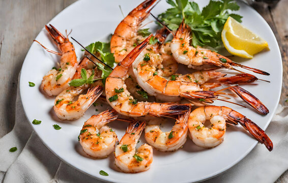 Grilled Shrimp On White Plate On A White Background
