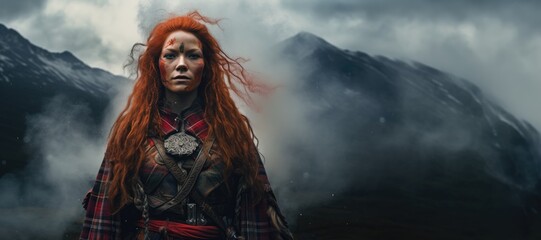 Mystic Heritage: The Enigmatic Presence of a Scottish Highland Priestess, Her Red Hair Reflecting the Fire of Ancient Celtic Rituals and Traditions.