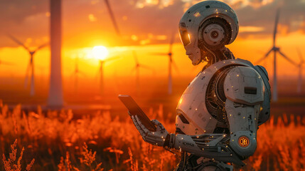 A technologically advanced robot uses a tablet to analyze data while standing in a field at sunset, with windmills in the backdrop