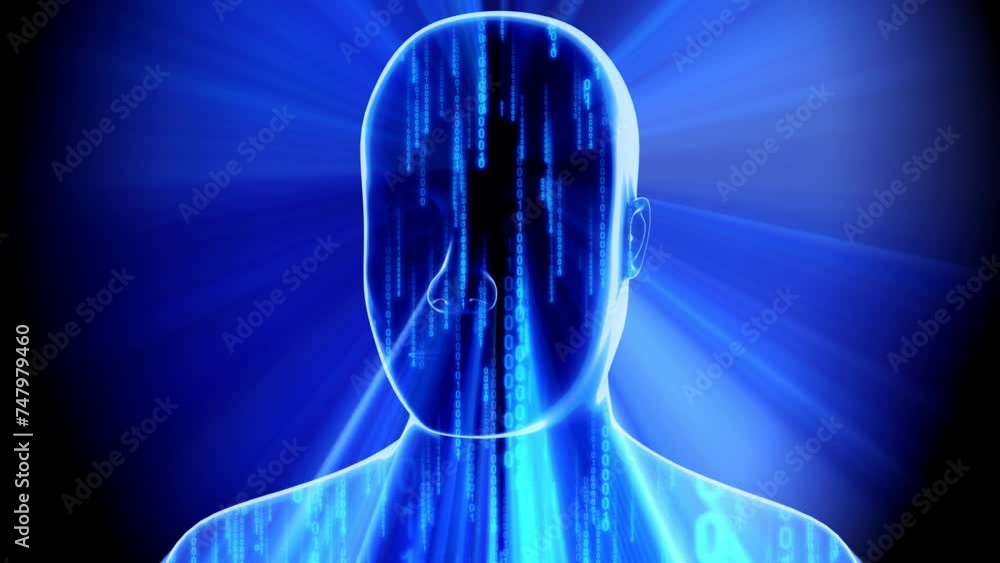 Poster geometrical man face and matrix style binary code - 3d 4k animation (3840 x 2160 px)