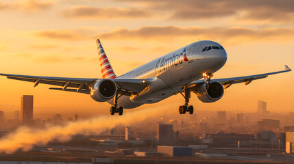 Takeoff at Twilight: Capturing an American Airlines Flight Against an Auburn Sky - obrazy, fototapety, plakaty