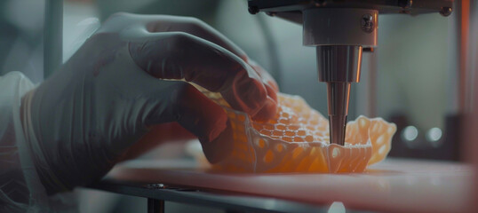 A soft flexible material being carefully p onto the 3D printer bed ready to be integrated with other materials for tissue engineering.