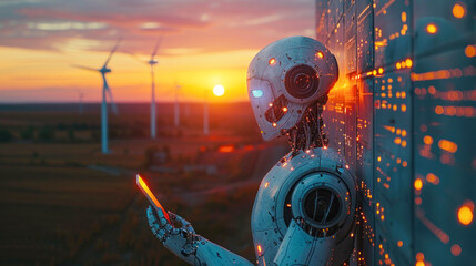 Against the backdrop of a setting sun, a humanoid robot connects with a digital interface, symbolizing the fusion of nature and technology