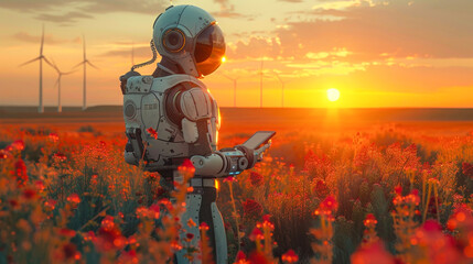 Evoking a sense of quiet introspection, a robot uses a tablet in a blooming field against a backdrop of windmills