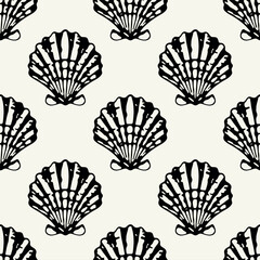 Vector seamless pattern. Monochrome surface design. Stylised graphic repeating texture. Underwater ocean life with shells.