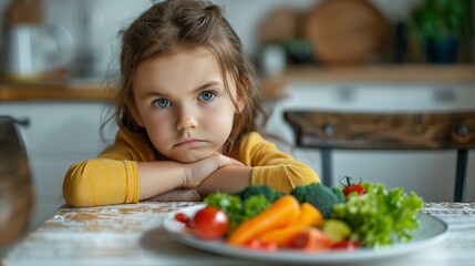 A sulking girl sitting in front of a vegetable plate with a kitchen backdrop and a big space for text or product, Generative AI.