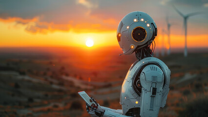 A futuristic robot appears to watch a stunning sunset surrounded by wind turbines, evoking a sense of contemplation and coexistence with nature