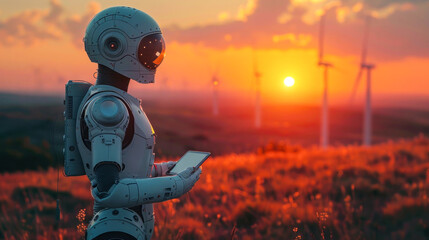 A robot with humanoid features enjoys the warmth of the golden hour, looking ahead into the sun set over a wind farm