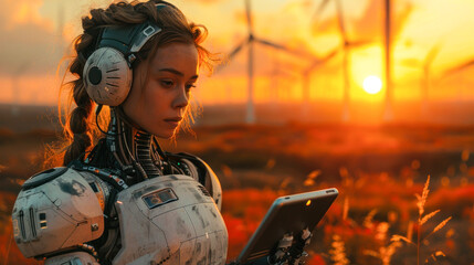 A robot resembling a young woman holds a tablet in a field with wind turbines in sunset light